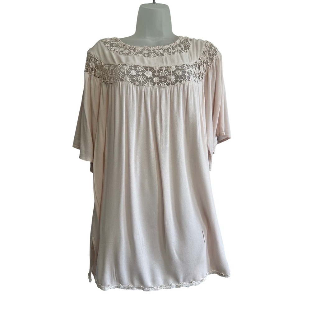 POL Clothing Blush Pink Crochet Lace Boho‎ Babydoll Top JFT159 Womens Small